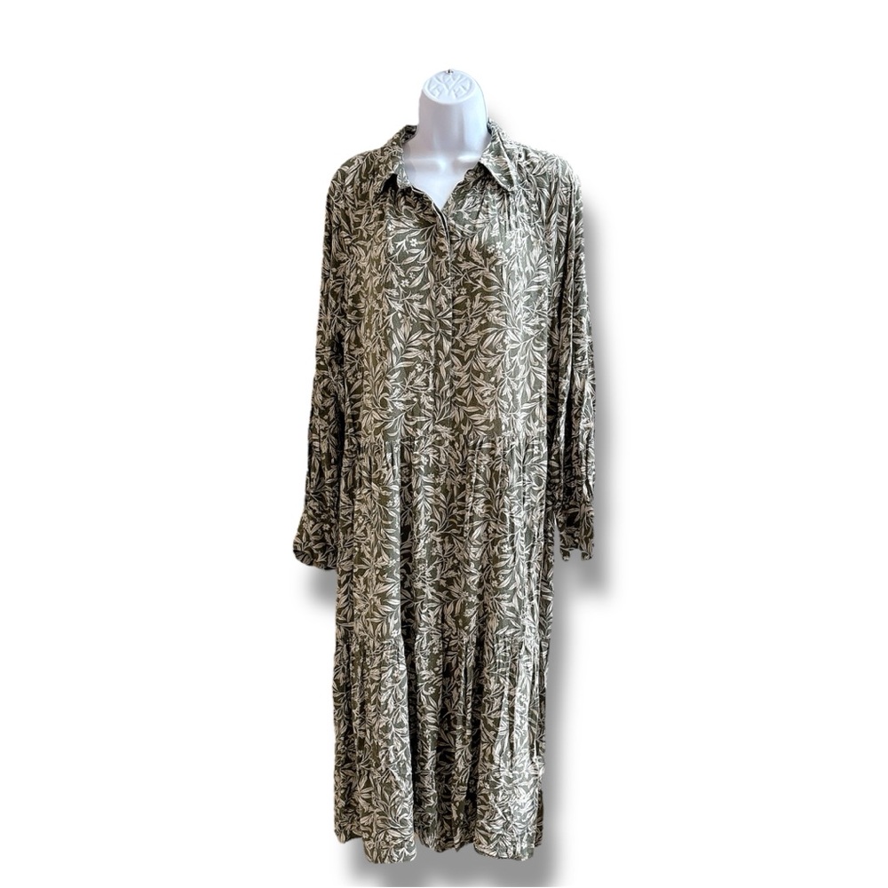 Olive Green Leaf Print Hidden Button Down Collared Long Sleeve Boho Maxi Dress
